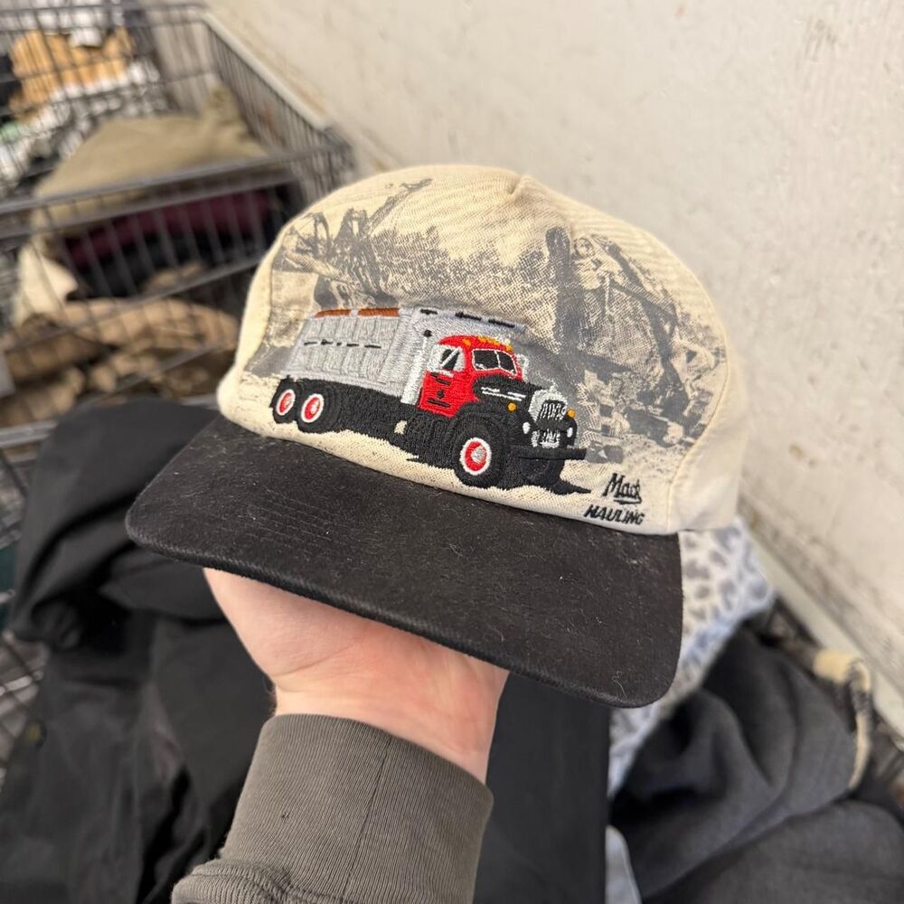 Vintage Mack Truck Hauling Snapback Hat Logging Graphic USA Workwear Dump Truck